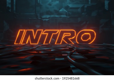 3D rendering of Cyberpunk word intro illuminated in orange in metal background. Artificially illuminated presentation words with blue light