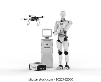 3d rendering cyborg with drone, warehouse robot and assistance robot