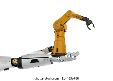 3d Rendering Cyborg Hand Holding Yellow Robot Arm On White Background