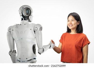 3d Rendering Cyborg Hand Shake With Asian Woman