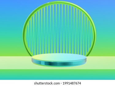 3d Rendering Cylinder Podium And Circular Ring Frame At The Backside On Blue Green Gradient Background. Scene To Show Cosmetic Products Presentation, Mockup Design Empty Space, Showcase, Display Case.