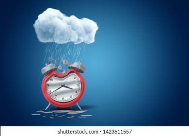 3d rendering of damaged alarm clock standing under raining cloud on blue gradient background with copy space. Failed deadline. Broken body clock. Trouble with getting up.