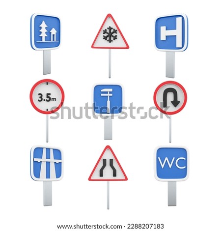 3d rendering danger slippery pavement due to ice or snow, resting place, dead end on the left, prohibiting the passage of vehicles with a height of more than 3.5 meters, car maintenance.