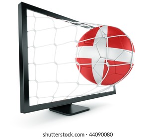 3d Rendering Of A Danish Soccer Ball Coming Out Of A Monitor