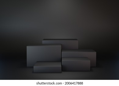 3D Rendering Dark Background. Five Step Black Box Stage Podium On Black Background. Image For Presentation.