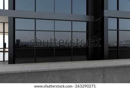 3d rendering. dark blank exterior scene with concrete floor dark glass