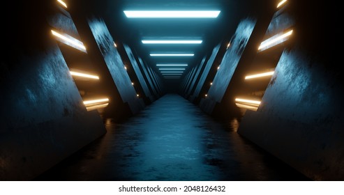 3d Rendering Dark Metal Corridor With Blue And Yellow Neon Light.