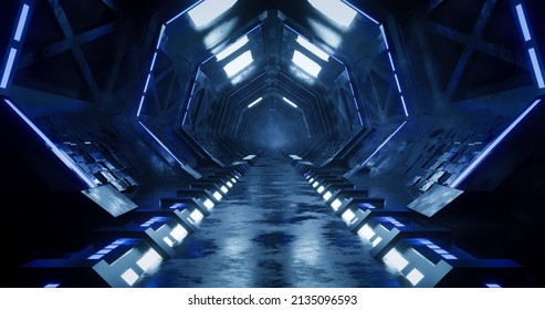 3d Rendering Dark Metal Sci Fi Corridor With Blue Neon Light. Concept Futuristic Spaceship Hallway Background.