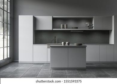 3D Rendering Of A Dark And Moody Modern Build-in Open Plan Kitchen With Kitchen Island