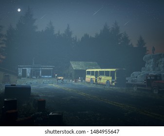 3d Rendering Dark Night Road Forest Hunting Deer Forest Cold Foggy Abandoned Old City