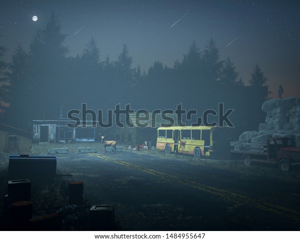 3d rendering dark night road forest\
hunting deer forest cold foggy abandoned old\
city
