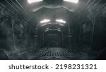 3d rendering of dark and scary spaceship corridor with white and red lights and soft focus background