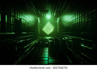 3d Rendering Dark Sci-fi Corridor Background With Green Neon Wireframe Cube. 