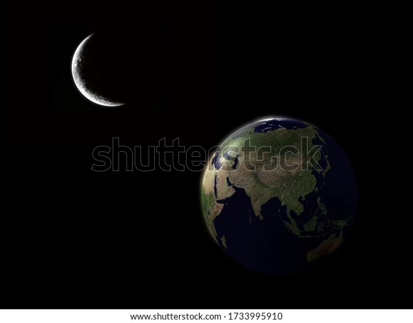 3D rendering of\
a The dark side of the half moon in the outer space collage. and\
earth in black sky picture, background material. Elements of this\
image furnished by\
NASA.
