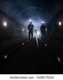 3d Rendering Dark Tunnel Miner Men Train