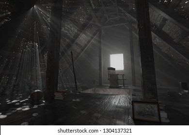 3d rendering of darken empty attic with aged stuff and light rays through holes