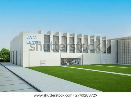 3d rendering data center building exterior against blue sky