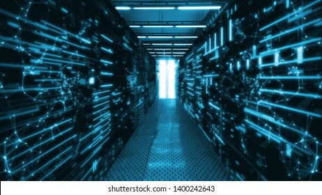 3D Rendering of data center room with abstract data servers and glowing led indicators, abstract network and ceiling lights. For Big data, machine learning, artificial intelligence concept background.