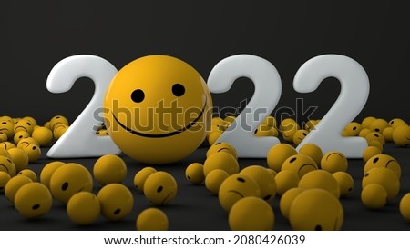 3d rendering of the date 2022. Instead of zero, a yellow ball with a smile and a lot of yellow balls with a grimace of discontent.  The idea of a joyful new year.