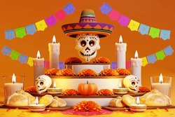 3D Rendering For Day Of The Dead, Dia De Muertos Altar Concept. Composition Of Cute Sugar Skulls, White Candles, Marigold Flowers, Pan De Muerto, Cactus, Guitar Of The Dead. 3d Illustration