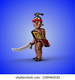 3D Rendering Of Dayak Warriors Or Kalimantan Traditional Cloth, Using Shields And Swords Or Machetes.
With A Blue Background.
Perfect For Vox Game Character Reference.
Simple 3D Modeling.