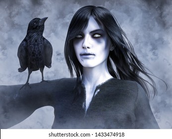 3D Rendering Of A Dead Ghost Woman Wraith With A Black Crow On Her Arm. Foggy Or Smokey Background.