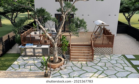 3D Rendering of Deck Design | Custom Deck Visualization | Backyard Deck 3D Model | Patio Deck Design Rendering