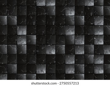 3D Rendering of Decorative surface composed of square tiles made of black marble arranged in a repeating grid. The design features squared carved segments that form a flowing geometric pattern across the surface, enhanced by natural marble veining and subtle relief suitable for luxury interiors, walls, or flooring.