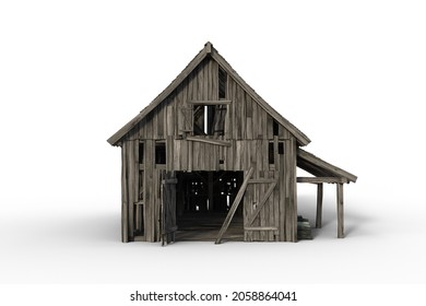 3D rendering of a decrepit old wooden barn viewed through open doors isolated on a white background.