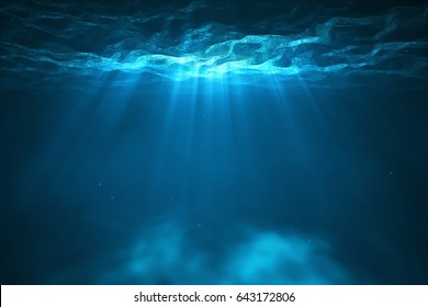 3d rendering. Deep into to sea. Underwater scene with bright beam pass through the surface. 