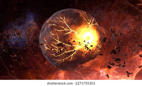 3D rendering of deep red space with dying star, lava and asteroids surrounding.