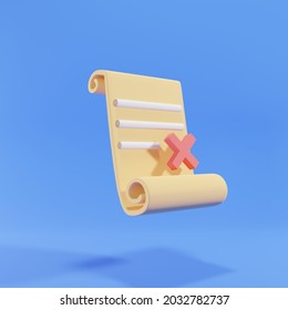 3d rendering of delete document icon illustration, yellow , paper, worksheet, work document, 3d icon, report, favorite data