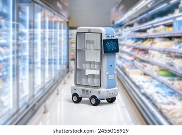 3d rendering delivery robot trolley or robotic shopping assistant deliver products in supermarket