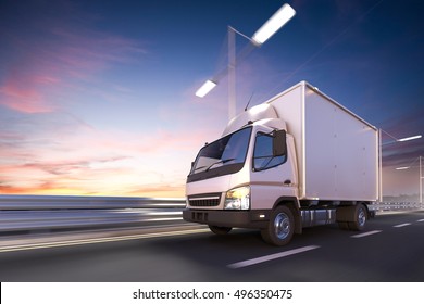 3d Rendering Of Delivery Truck On The Road At Dawn