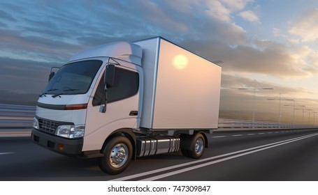 3d Rendering Of A Delivery Truck On The Road With Beautiful Sky