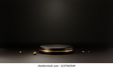 3D Rendering, Deluxe Round Podium Display Black And Bar Line Gold, Abstract Minimal Concept, Luxury Design Mockup, Black Rough Background