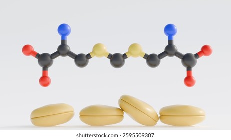 A 3D rendering depicts the molecular structure of djengkolic acid alongside its natural source, a cluster of jengkol beans.
