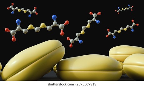 A 3D rendering depicts the molecular structure of djengkolic acid alongside its natural source, a cluster of jengkol beans.