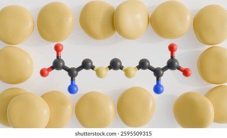 A 3D rendering depicts the molecular structure of djengkolic acid alongside its natural source, a cluster of jengkol beans.