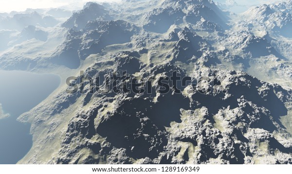 3D rendering of a desert landscape of an alien\
landscape from high altitude\
