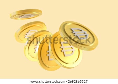 3D rendering design of cryptocurrency DAI floating coins isolated on soft yellow background.
