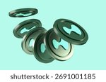 3D rendering design of cryptocurrency Hyperliquid HYPE floating coins isolated on soft teal background.