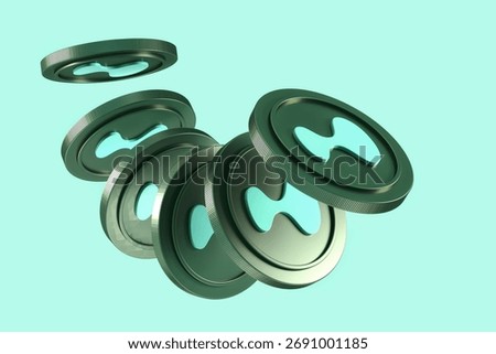 3D rendering design of cryptocurrency Hyperliquid HYPE floating coins isolated on soft teal background.