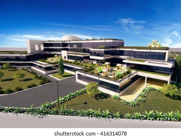 3d Rendering And Design - Modern Children Hospital - Roof Garden