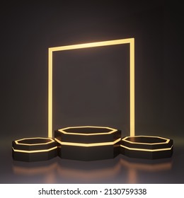 3D Rendering Design Stage 3 Podiums, Premium Gold and Black with Glowing Light for 3 Products Showcase.
