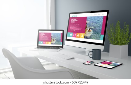 3d rendering of desktop with all devices showing modern design website. All screen graphics are made up. 