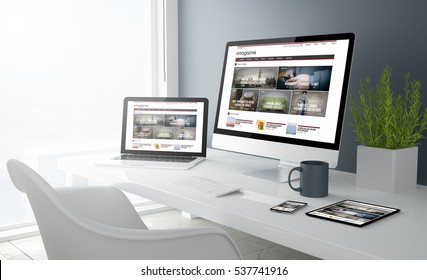 3d Rendering Of Desktop With All Devices Showing Modern Design Magazine Website. All Screen Graphics Are Made Up. 