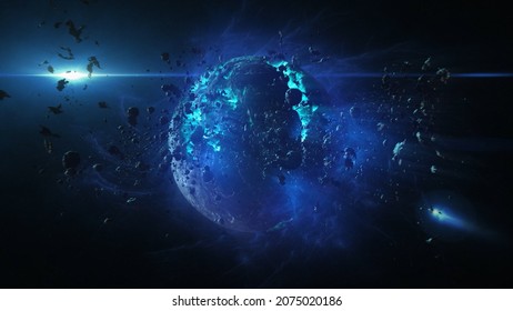 3d rendering, Destroyed planet in deep space with asteroids and sun flares
Cinematic view of destroyed death star after meteor asteroids impact 3d illustration
