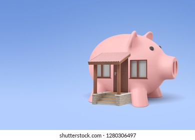 3d Rendering Of A Detached House With Front Porch In The Shape Of A Piggy Bank. Planning Family Budget. Thriving Economy. Property Investment.