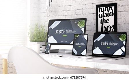 3d rendering of devices collection at workspace with digital agency website on screen. All screen graphics are made up.
